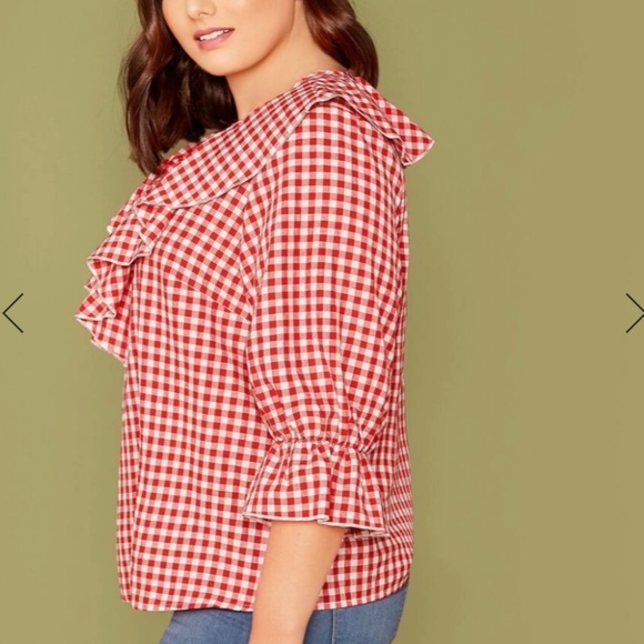 NEW SHEIN Plus Red Ruffle Trim Plaid Top 1XL - Picture 2 of 7